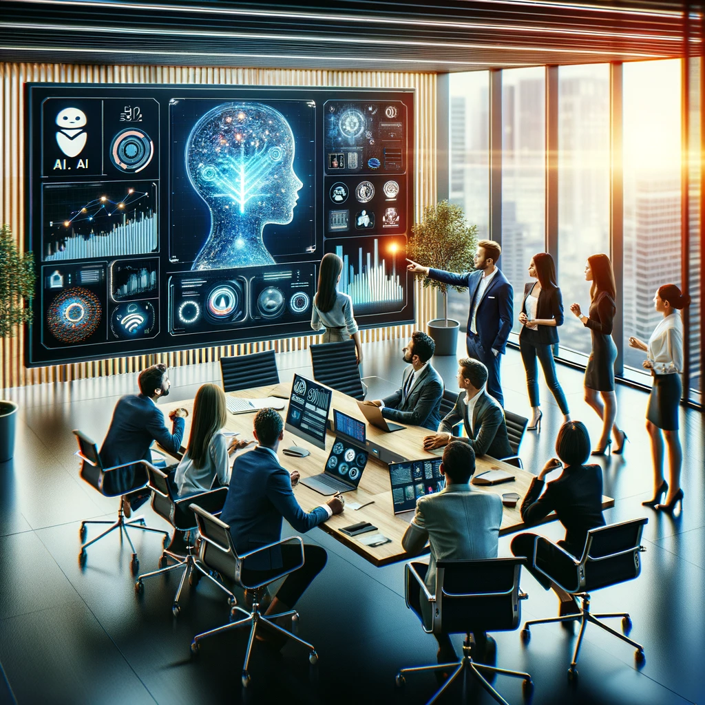 Un team eterogeneo collabora attorno a un display digitale mostrando un'interfaccia AI futuristica, simbolo di innovazione aziendale.