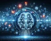 Immagine futuristica con cervello digitale e simboli di vari settori, rappresentando l'impatto dell'AI nel mondo aziendale.