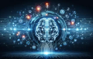 Immagine futuristica con cervello digitale e simboli di vari settori, rappresentando l'impatto dell'AI nel mondo aziendale.